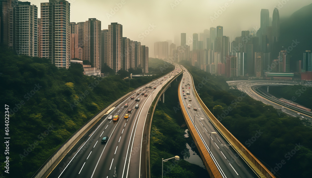 Obraz premium Generative AI Asphalt road and bridge with modern city skyline in Ningbo, Zhejiang Province, China.