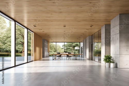 Generative AI Interior of stylish open space office with gray and wooden walls  tiled floor  panoramic windows with cityscape and rows of gray and wooden computer desks. Hall with open door. 3d render