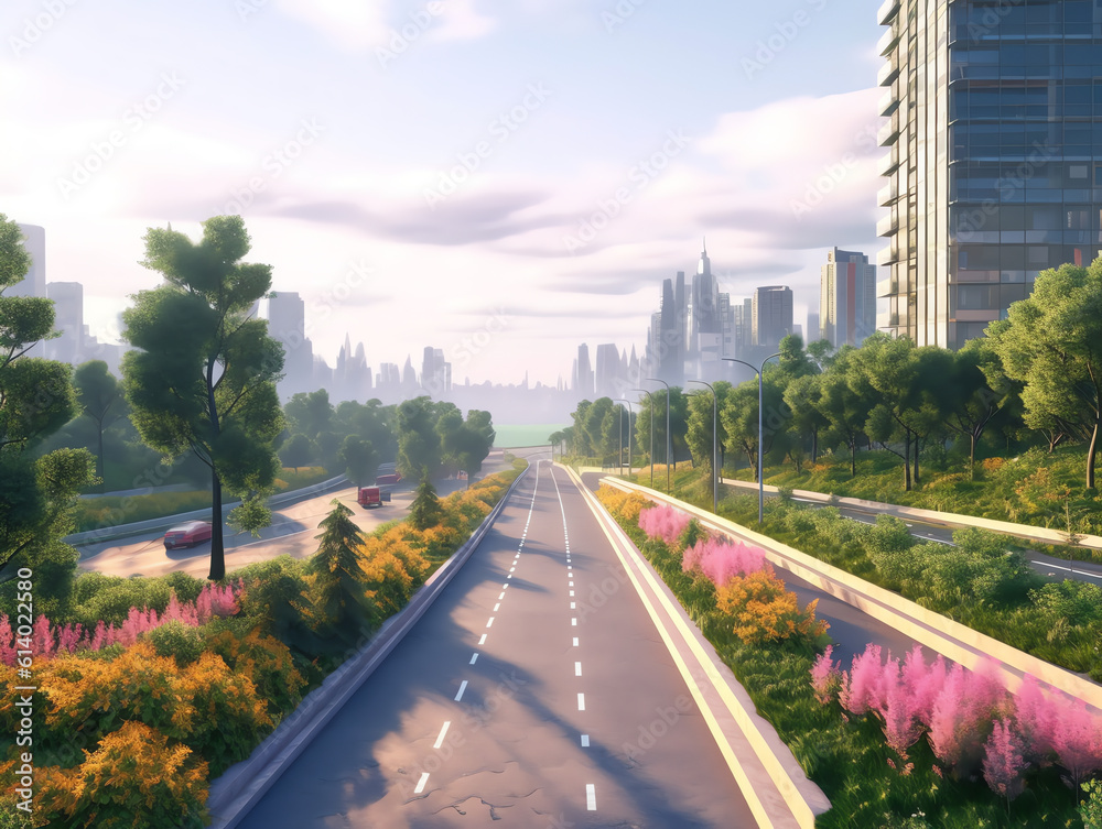 Generative AI Asphalt road and green tree with city skyline in Hangzhou, China.