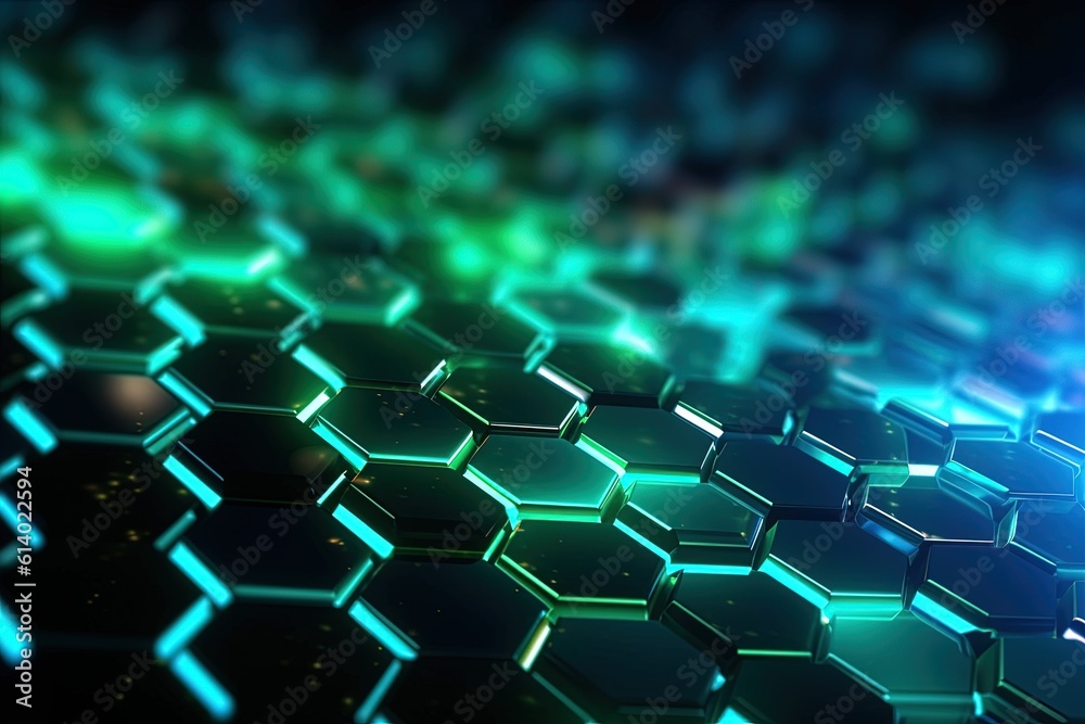 Naklejka premium abstract futuristic background with green blue glowing neon moving high speed wave lines honeycomb and bokeh lights. Data transfer concept Fantastic wallpaper, Ai Generative