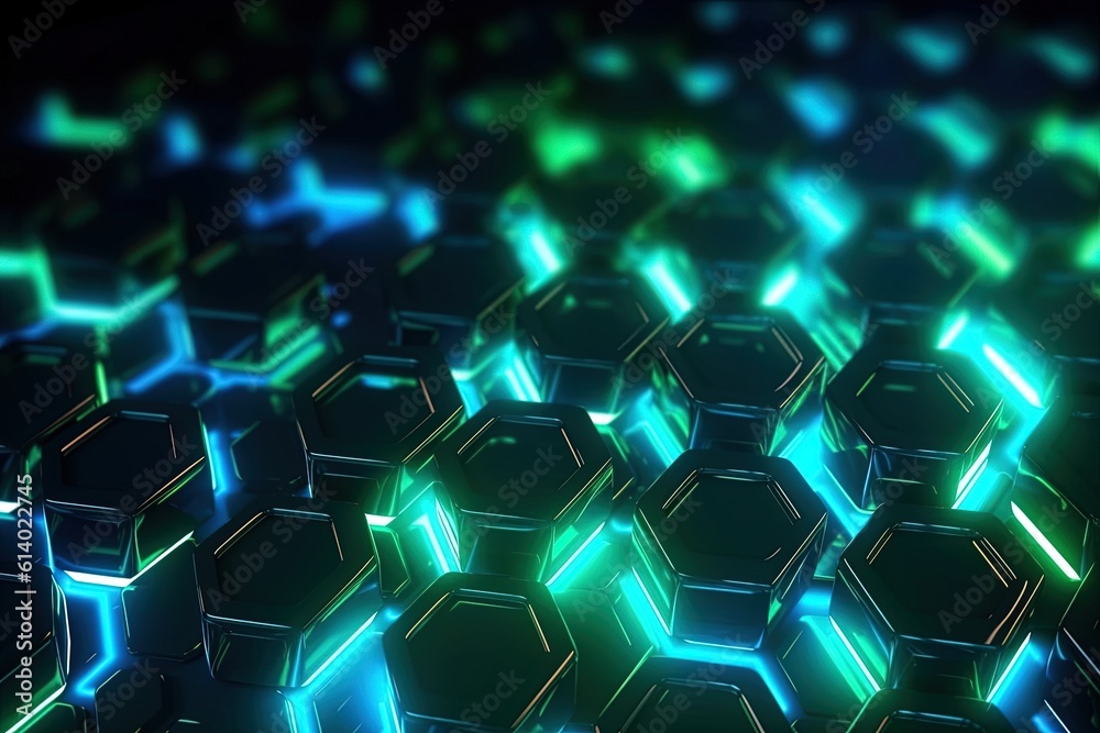 abstract futuristic background with green blue glowing neon moving high speed wave lines honeycomb and bokeh lights. Data transfer concept Fantastic wallpaper, Ai Generative
