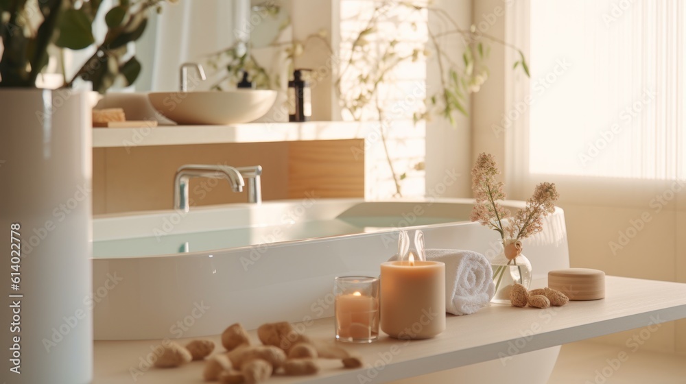 Bathtub and table with cosmetic products in beige bathroom Shower project, modern design, trend 2023 Bathtub and table with cosmetic products in beige bathroom Shower project, modern design, trend 2023