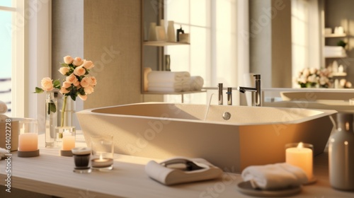 Bathtub and table with cosmetic products in beige bathroom Shower project  modern design  trend 2023