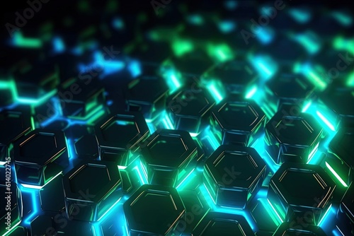 abstract futuristic background with green blue glowing neon moving high speed wave lines honeycomb and bokeh lights. Data transfer concept Fantastic wallpaper, Ai Generative