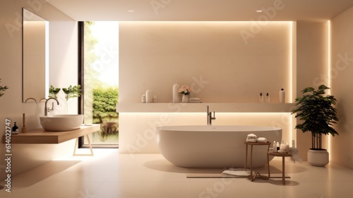 Bathtub and table with cosmetic products in beige bathroom Shower project  modern design  trend 2023