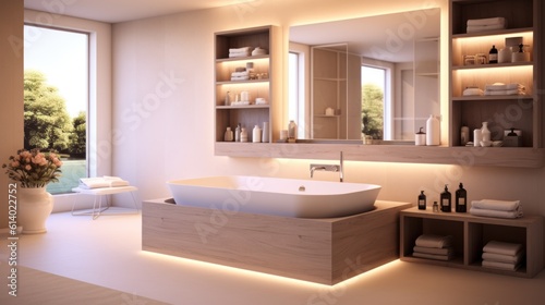 Bathtub and table with cosmetic products in beige bathroom Shower project  modern design  trend 2023