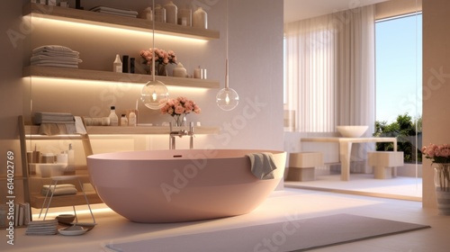 Bathtub and table with cosmetic products in beige bathroom Shower project  modern design  trend 2023