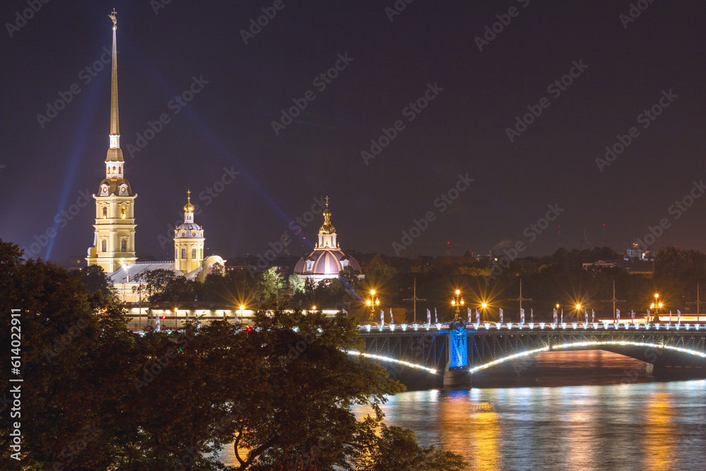 Peter and Paul Cathedral and Trinity bridge at night, Saint Petersburg, Russia