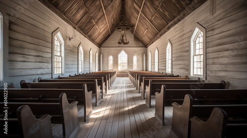 Generative AI Empty pews in a small chapel, in which soft sunlight falls through a small window.