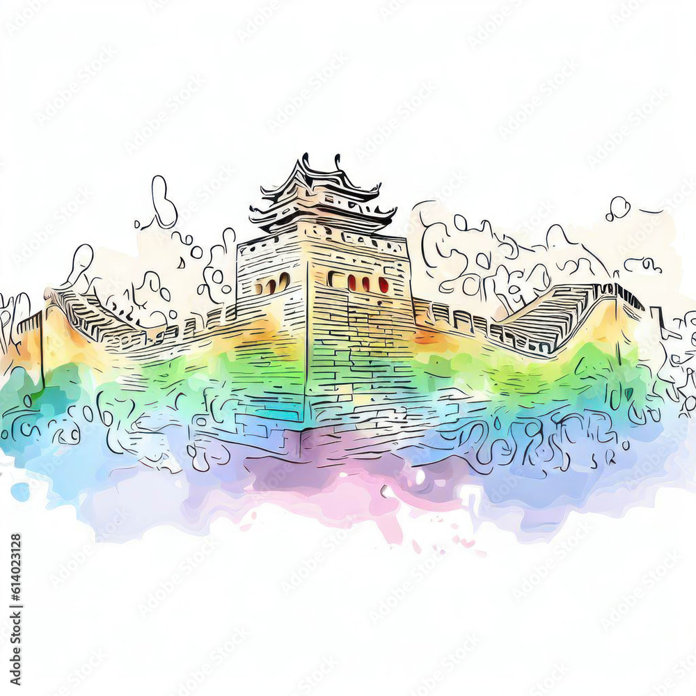Great Wall Panorama: Watercolor Illustration, Generative AI