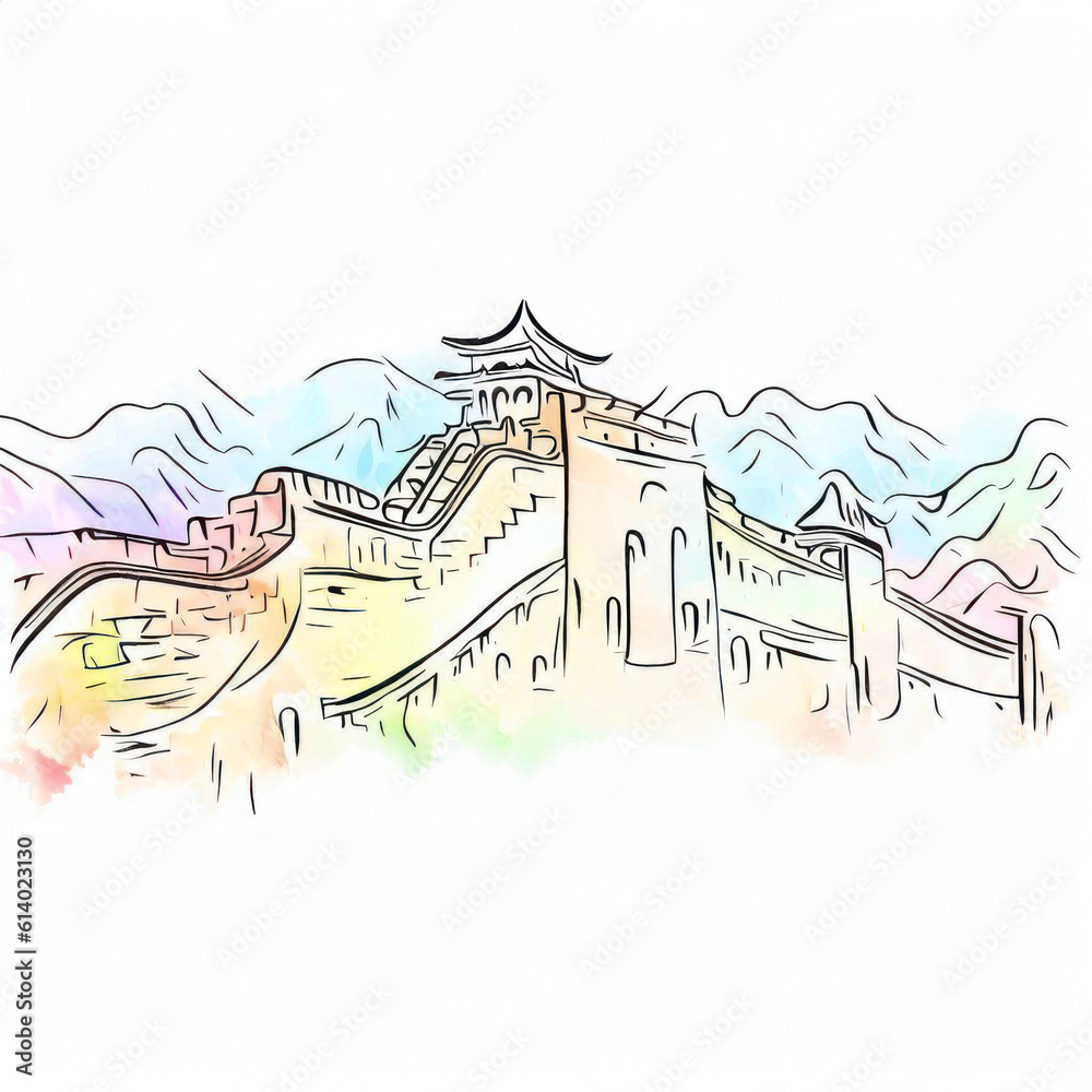 Cultural Heritage: Watercolor Illustration of the Great Wall of China, Generative AI