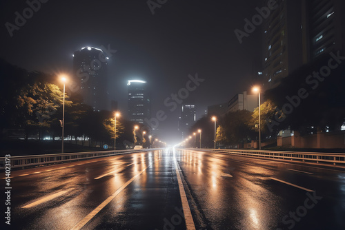 Generative AI Empty square floor and pedestrian bridge with city skyline at night in Ningbo, Zhejiang Province, China.