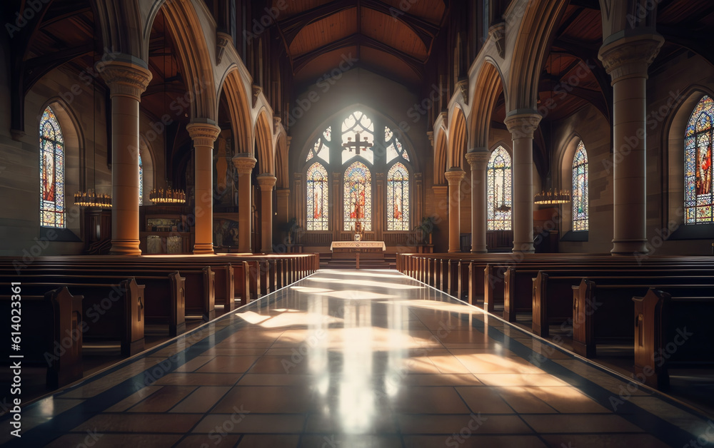 Generative AI Rows of church benches at the old european catholic church.