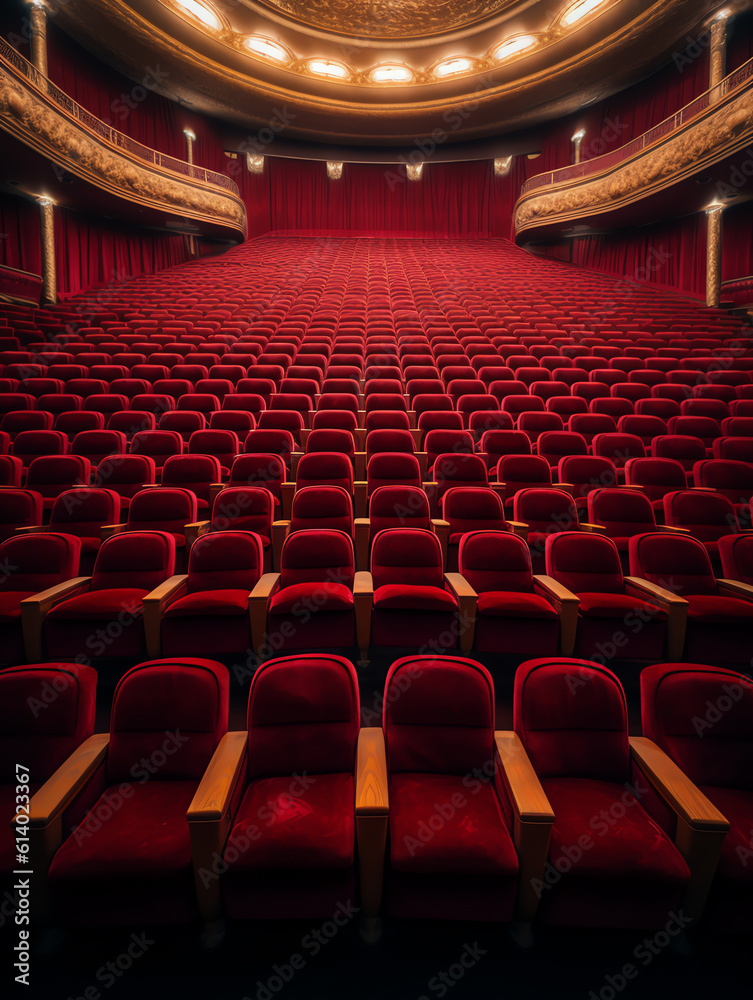 Naklejka premium Generative AI Classic rows of empty reddish seats in theatre. Hall without visitors. Shallow depth of field