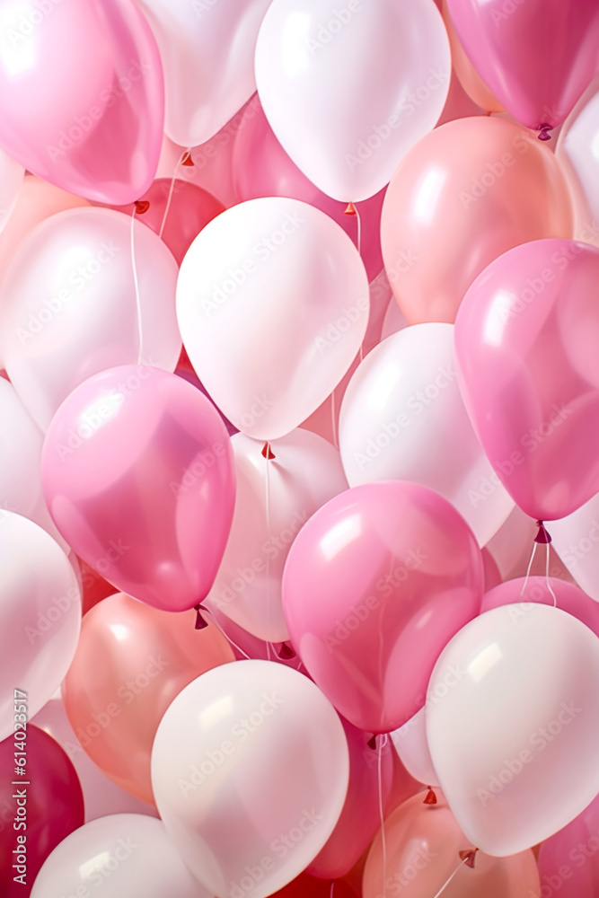 fliegende rosa pink und weiße Ballons auf hellem Hintergrund. Generative Ai. fliegende rosa pink und weiße Ballons auf hellem Hintergrund. Generative Ai.