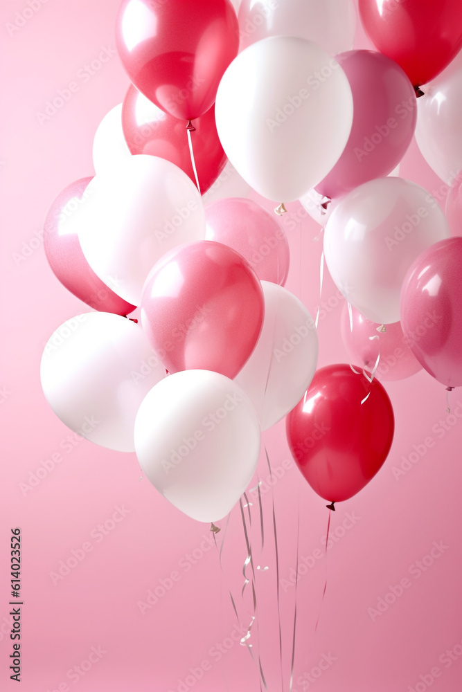fliegende rosa pink und weiße Ballons auf hellem Hintergrund. Generative Ai.