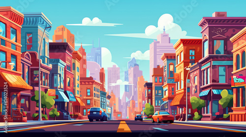 Generative AI Urban street landscape with empty road and electric poles, buildings with hotel or small shop, cafe and restaurant cartoon vector background, town poster with city skyline, perspective v