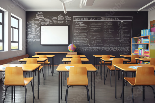 Generative AI Empty classroom and black chalkboard, decorated with letters and numbers