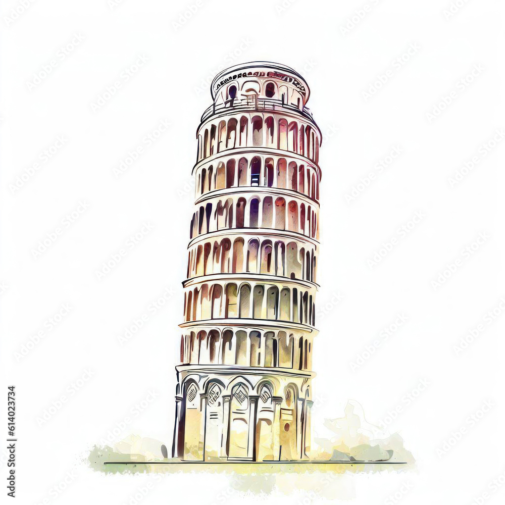 Tower's Reflections: Leaning Tower of Pisa Watercolor Illustration, Generative AI