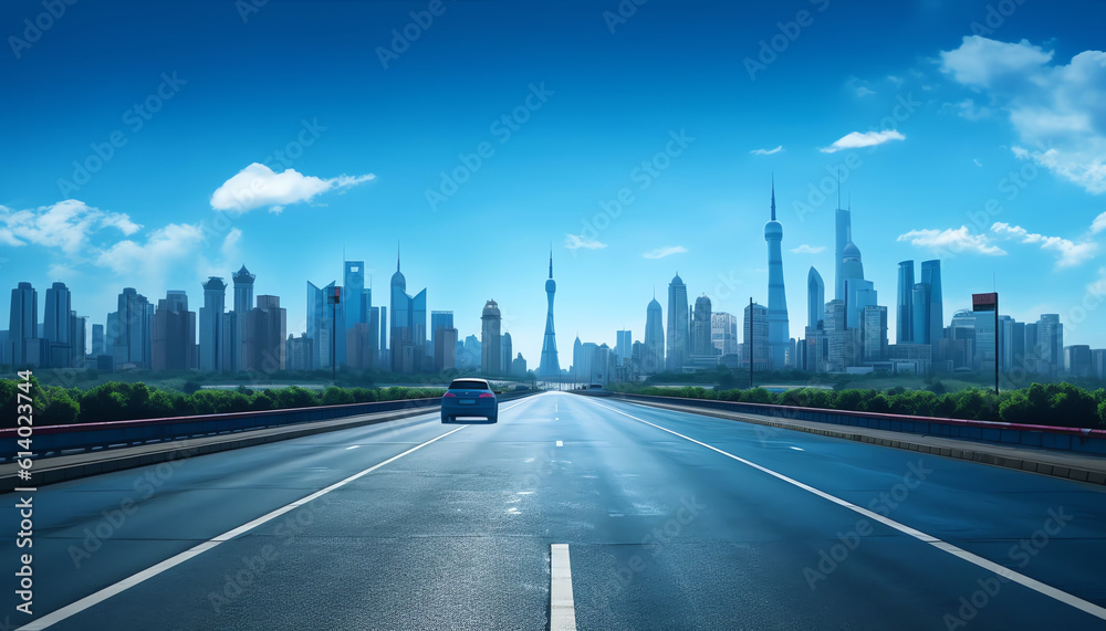 Generative AI empty highway with cityscape and skyline of qingdao,China.