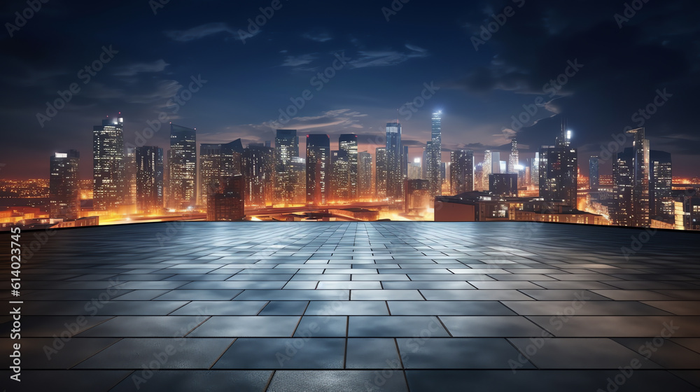 Generative AI Empty concrete tiles floor with city skyline background. Night scene