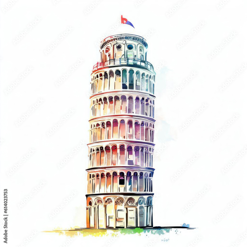 Italian Serenade: Watercolor Illustration of Leaning Tower of Pisa, Generative AI