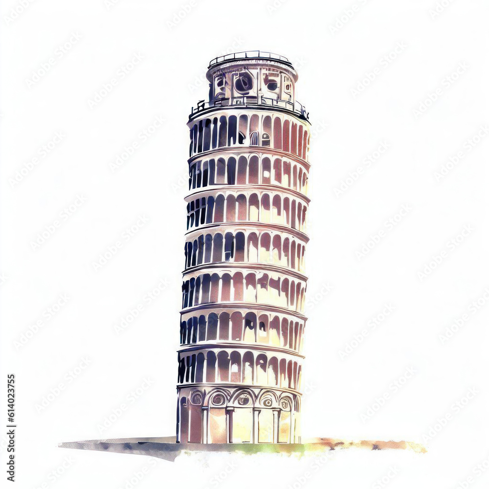 Lean into Artistry: Leaning Tower of Pisa Watercolor Illustration, Generative AI