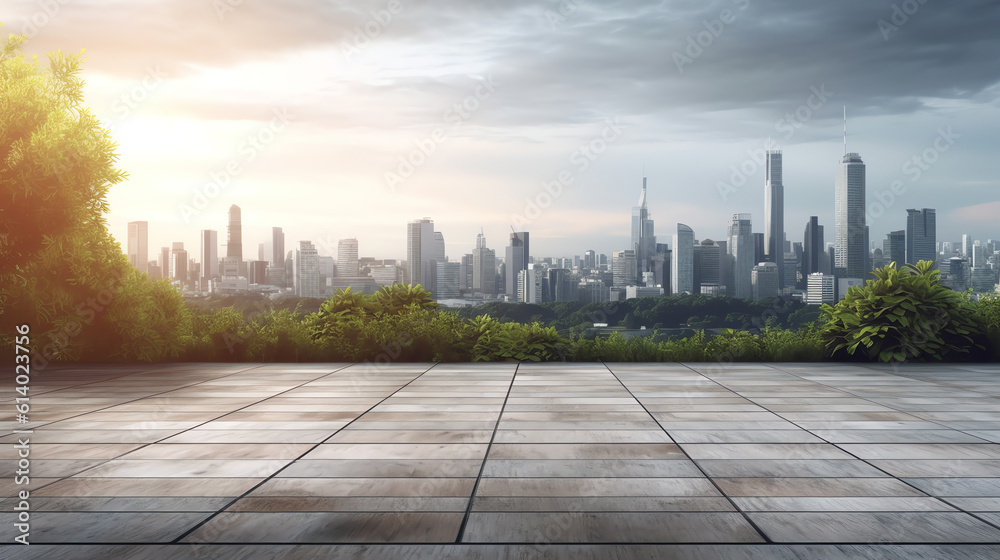 Generative AI Business and design concept - empty stone panel ground with panoramic city skyline aerial view under bright sun and blue sky of nagoya, Japan for mockup or montage product