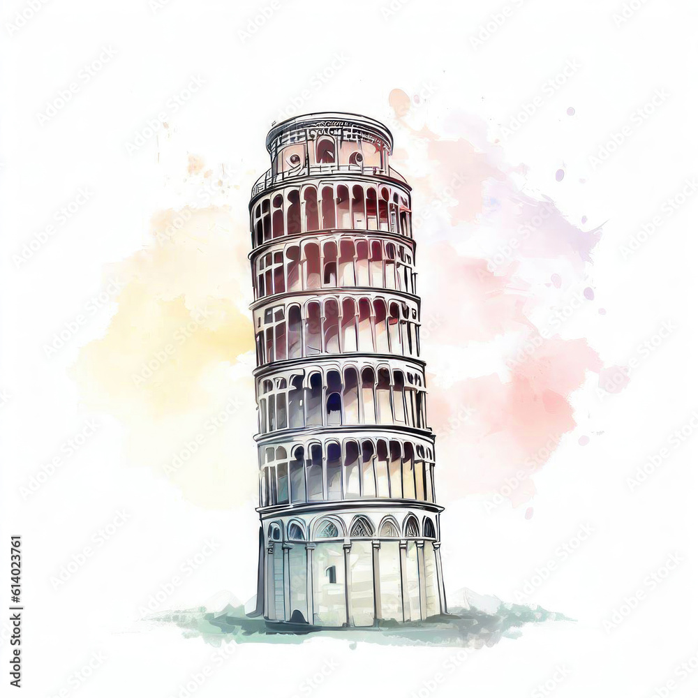 Towering Elegance: Leaning Tower of Pisa Watercolor Illustration, Generative AI