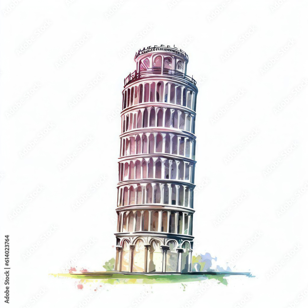 Italian Legacy: Watercolor Illustration of Leaning Tower of Pisa, Generative AI