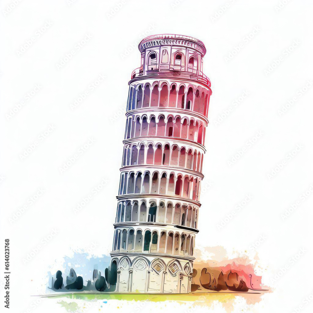 Pisa's Reflections: Watercolor Illustration of Leaning Tower of Pisa, Generative AI