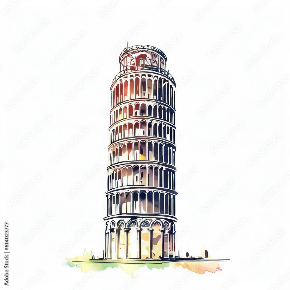 Lean into History: Leaning Tower of Pisa Watercolor Illustration, Generative AI
