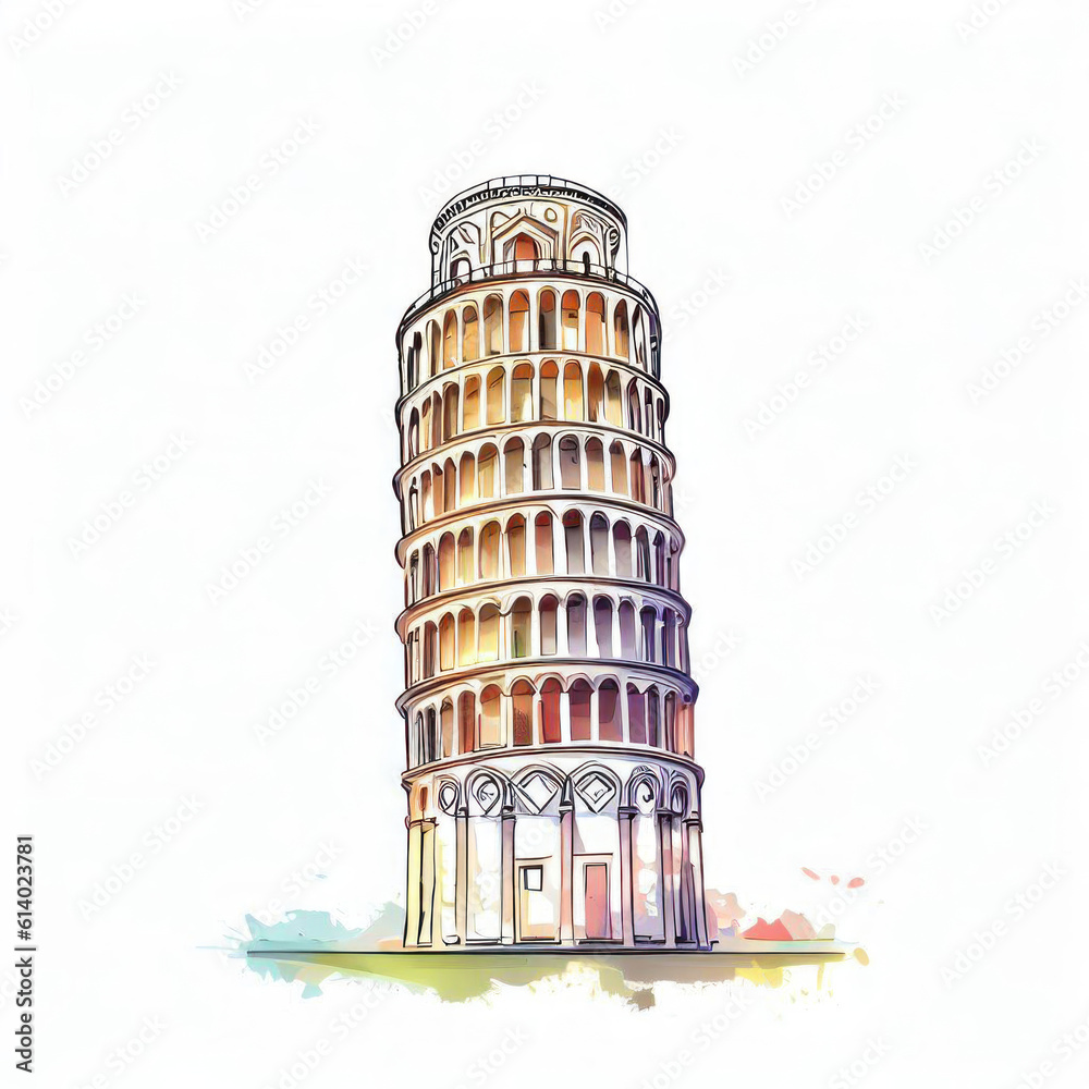 Iconic Italian Landmark: Watercolor Illustration of Leaning Tower of Pisa, Generative AI