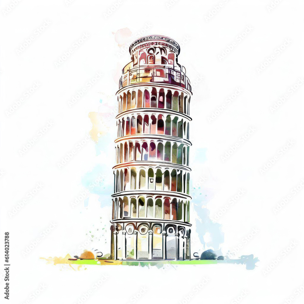 Italian Marvel: Watercolor Illustration of Leaning Tower of Pisa, Generative AI