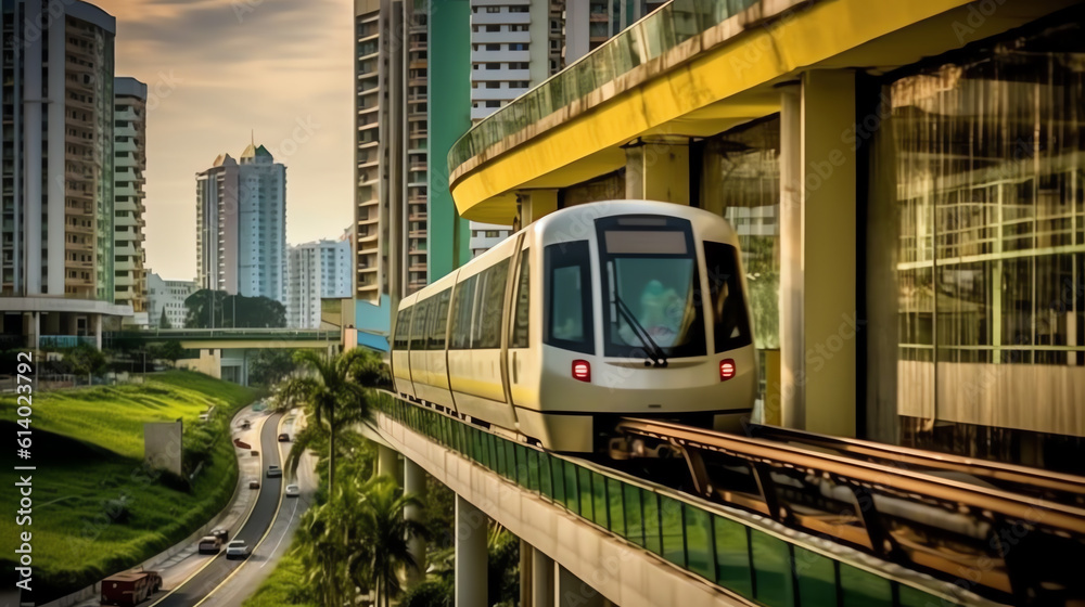 Obraz premium Generative AI Empty bus stop in Singapore city with green land background and shadow