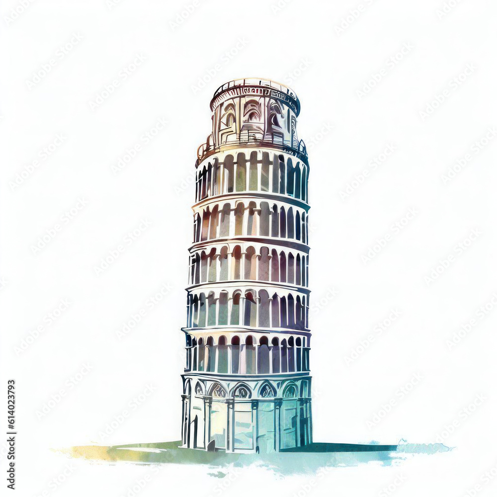 Pisa's Lean Perspective: Watercolor Illustration, Generative AI