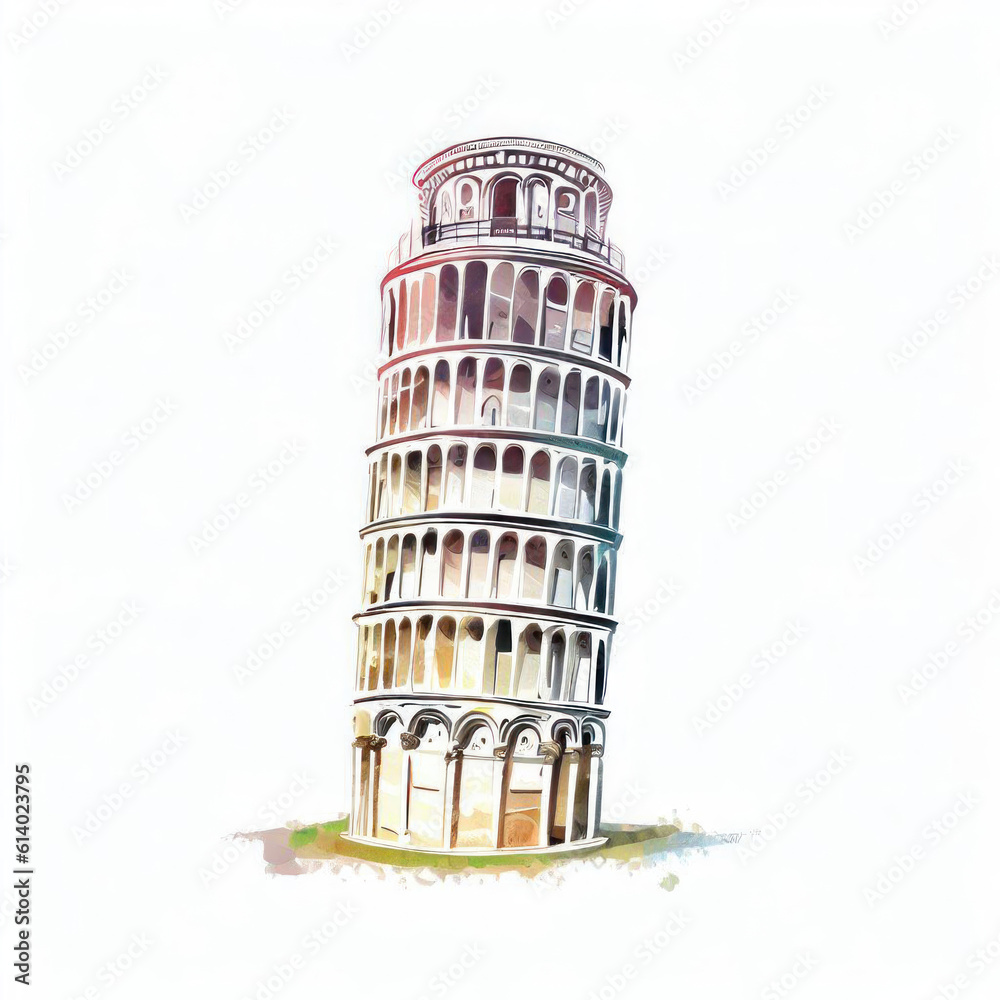 Towering Beauty: Leaning Tower of Pisa Watercolor Illustration, Generative AI