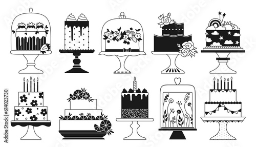 Birthday and wedding cakes celebration desserts doodle set. Party delicious cupcake sweet bakery collection. Holiday decoration tasty cake, anniversary invitation card, glyph brand vector design