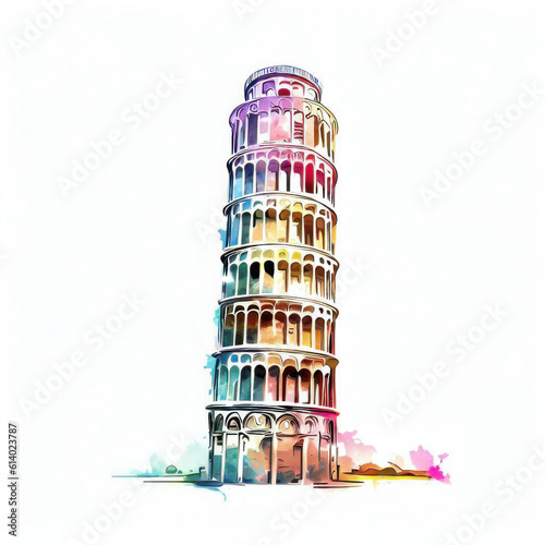 Serene Lean: Leaning Tower of Pisa Watercolor Illustration, Generative AI