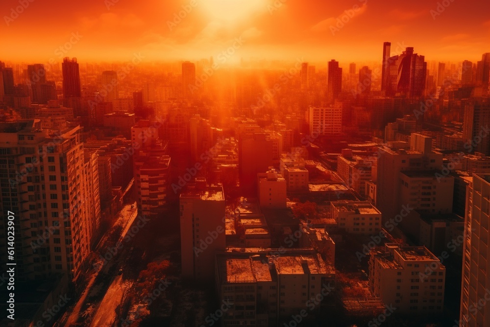 Obraz premium Hot weather, summer, intense heat. Bright sun, heat waves, global warming. Burning sun, dangerous heat, high temperature. Problem of modern time period. Future thinking.