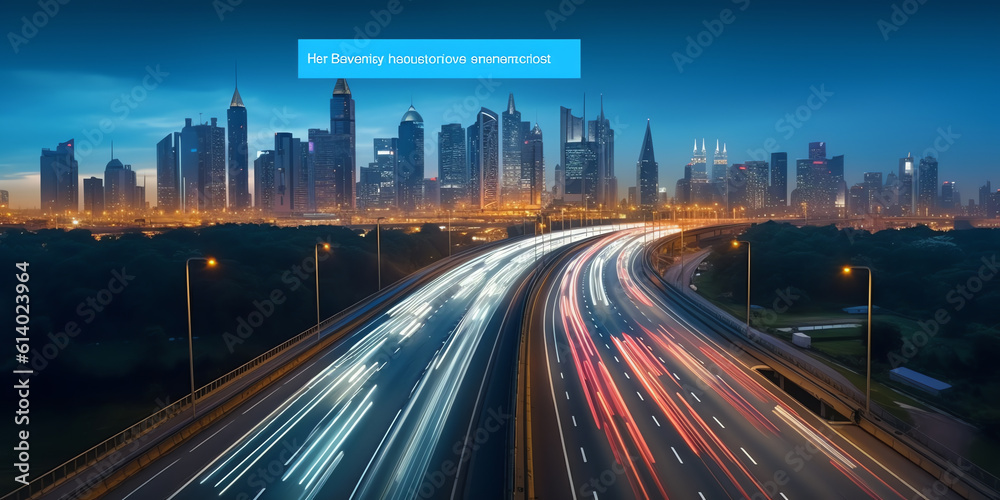 Fototapeta premium Generative AI Panoramic city skyline and buildings with empty asphalt road at sunrise