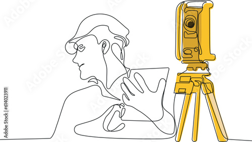 Close up of Caucasian worker with helmet on head using tablet for work while standing in warehouse. Surveyor with a tripod icon. Geodesic tripod. Vector illustration