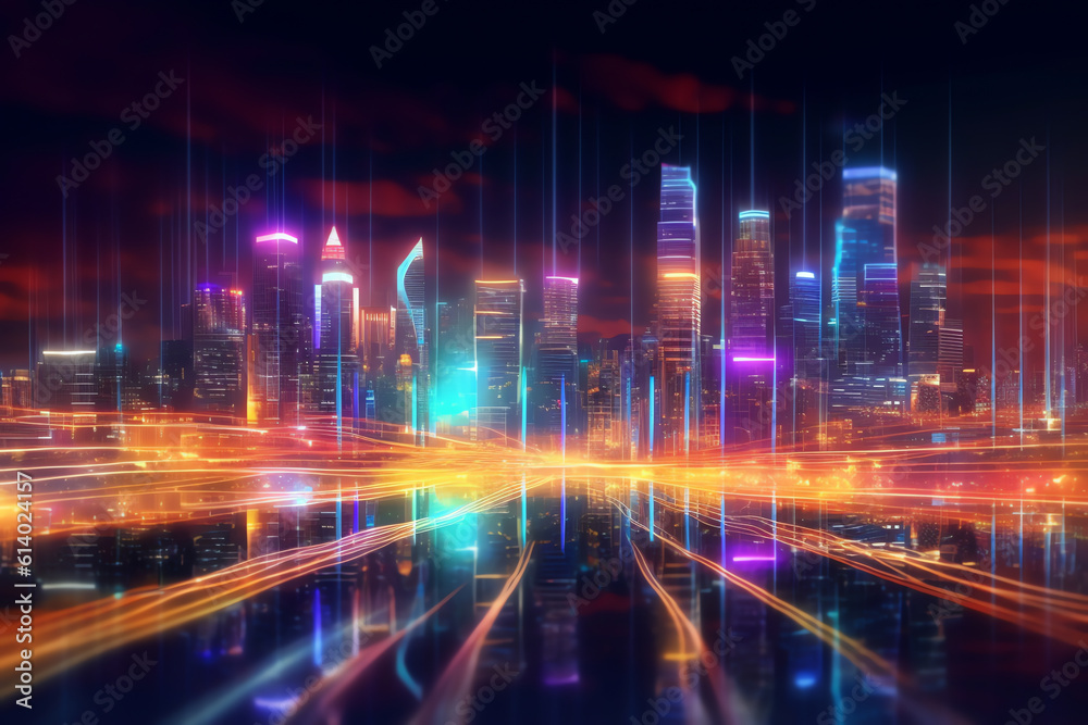 Generative AI 3D Rendering of warp speed in hyper loop with blur light from buildings' lights in mega city at night. Concept of next generation technology, fin tech, big data, 5g fast network, machine