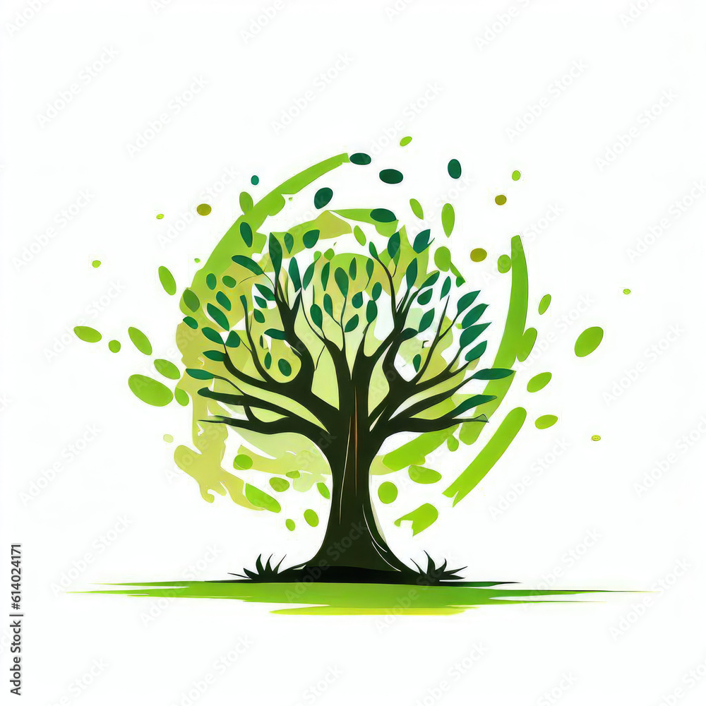 Tranquil Shades: Green Splash Tree Watercolor Illustration, Generative AI Tranquil Shades: Green Splash Tree Watercolor Illustration, Generative AI