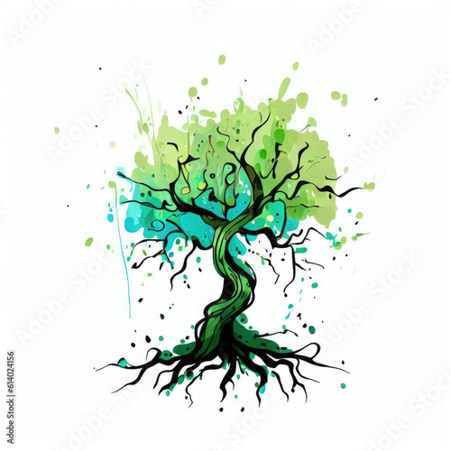 Serenade of Greens: Watercolor Illustration of Green Splash Tree, Generative AI