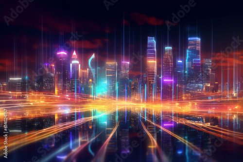 Generative AI 3D Rendering of warp speed in hyper loop with blur light from buildings' lights in mega city at night. Concept of next generation technology, fin tech, big data, 5g fast network, machine © Generative AI