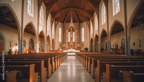 Generative AI Rows of church benches at the old european catholic church.