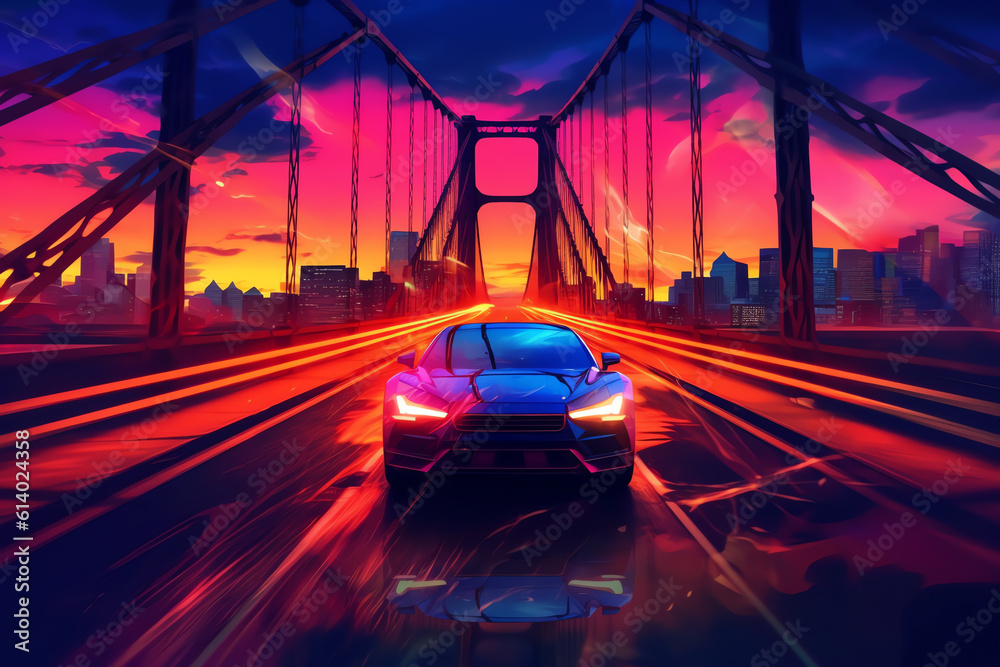 Generative AI Asphalt road and bridge with city skyline at sunset