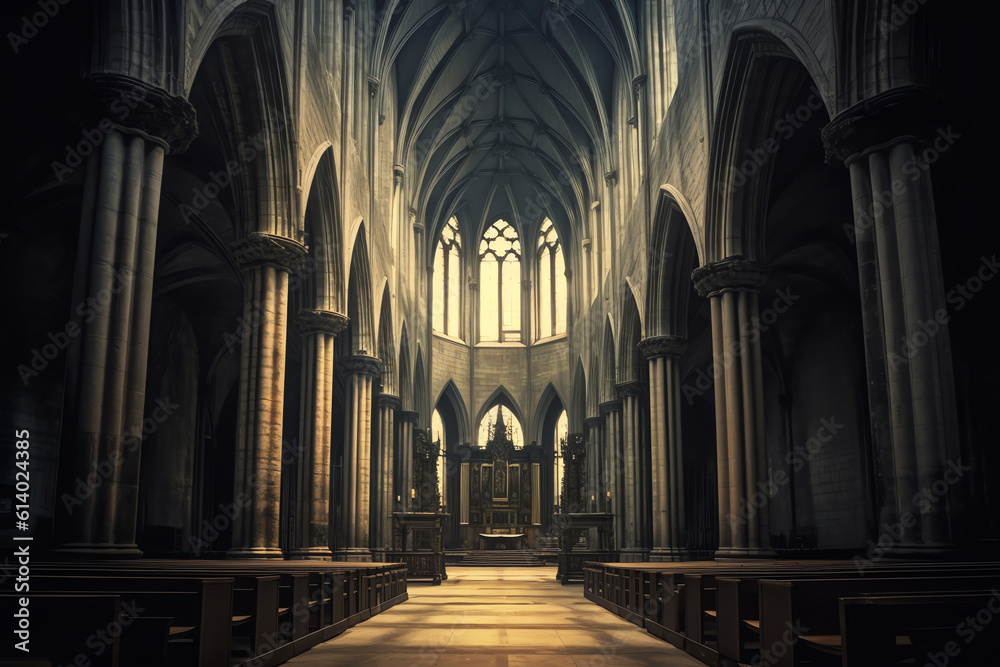 Generative AI Inside an empty church in Normandy, France.