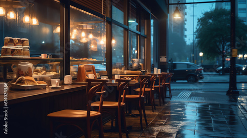 Generative AI Empty outdoor cafe on a dark rainy night in Prague
